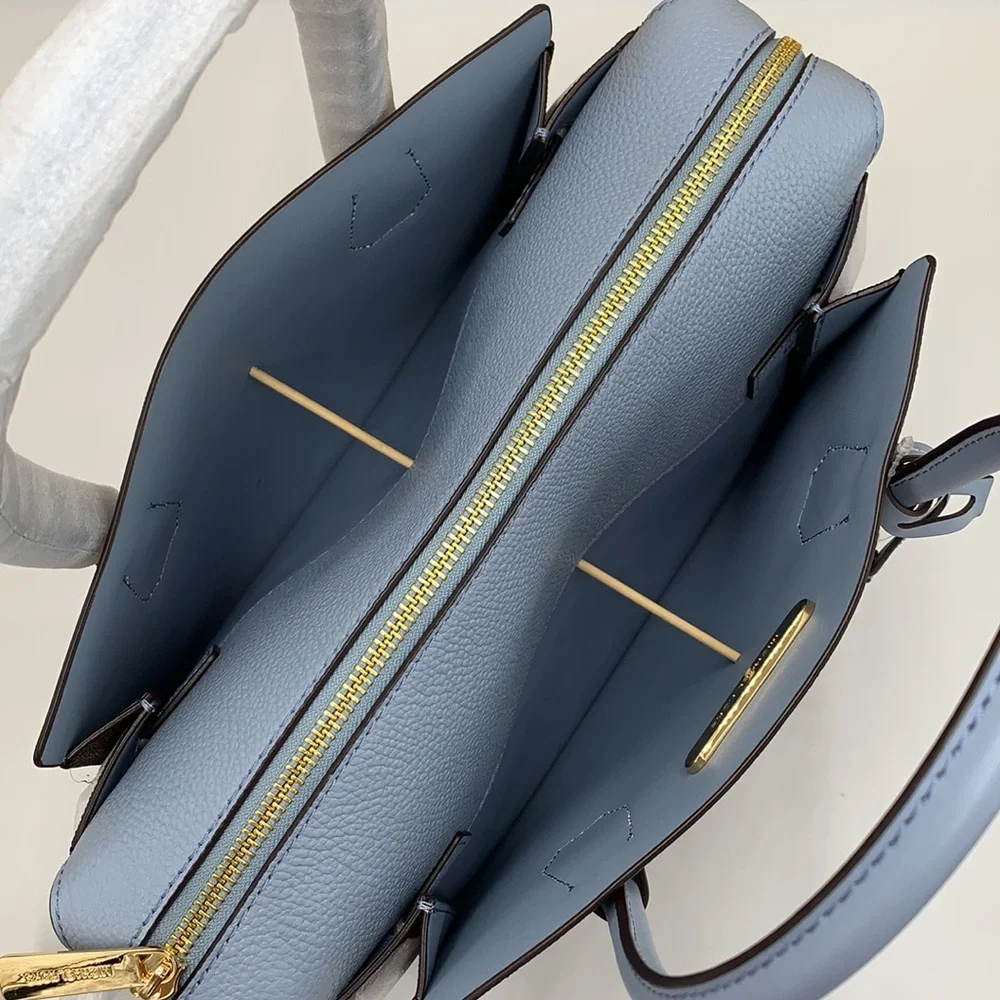 MICHAEL KORS MERCER MEDIUM TOP ZIP BELTED SATCHEL BROWN/ PALE BLUE SIGNATURE - Picture 10 of 16